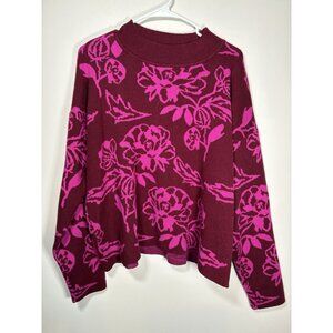 CYRUS Floral Mock Neck Knit Long Sleeve Sweater Maroon Pink Cottagecore Size XL
